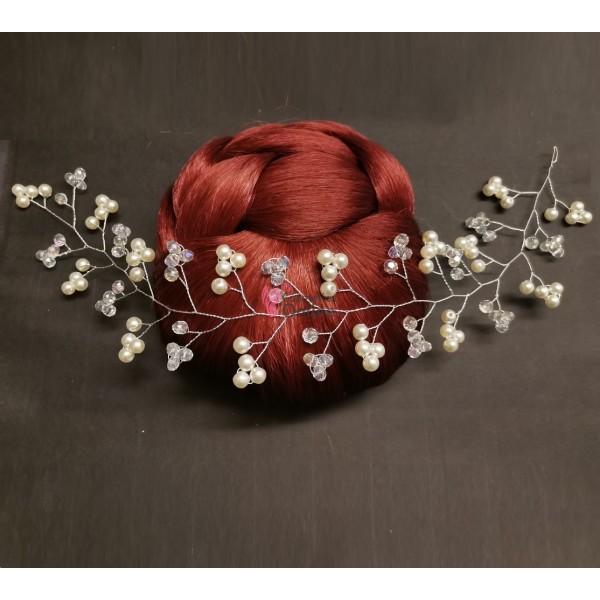 Accesoriu modern pentru decor par WED13 Argintiu cu cristale si perle de 35cm